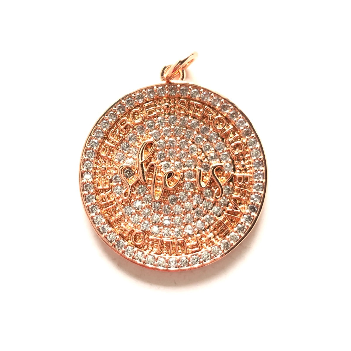 10pcs/lot 28mm CZ Pave Round Plate She Is Fierce Strong Brave Full OF FIRE Quote Charms CZ Paved Charms Discs On Sale Charms Beads Beyond