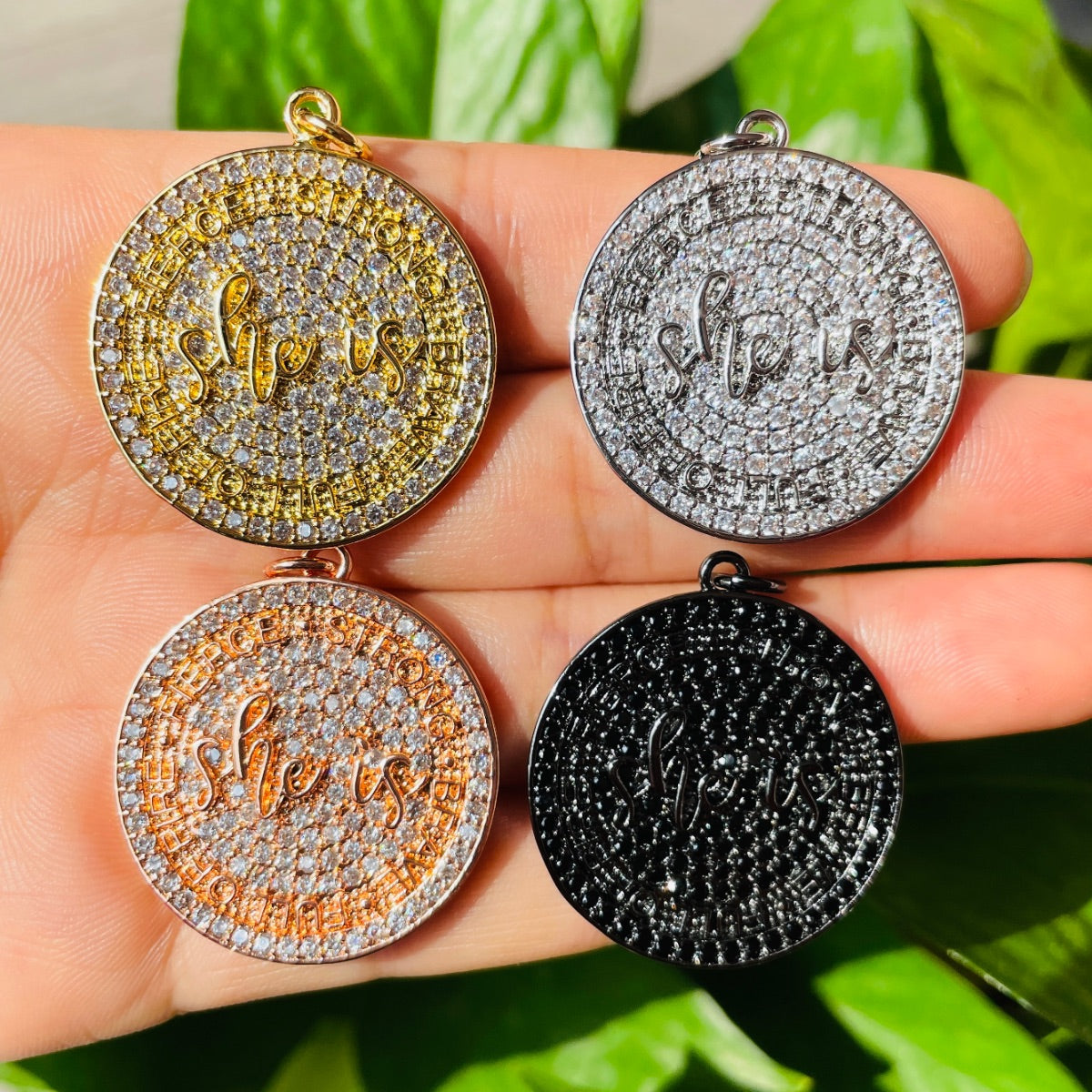 10pcs/lot 28mm CZ Pave Round Plate She Is Fierce Strong Brave Full OF FIRE Quote Charms Mix Colors CZ Paved Charms Discs On Sale Charms Beads Beyond