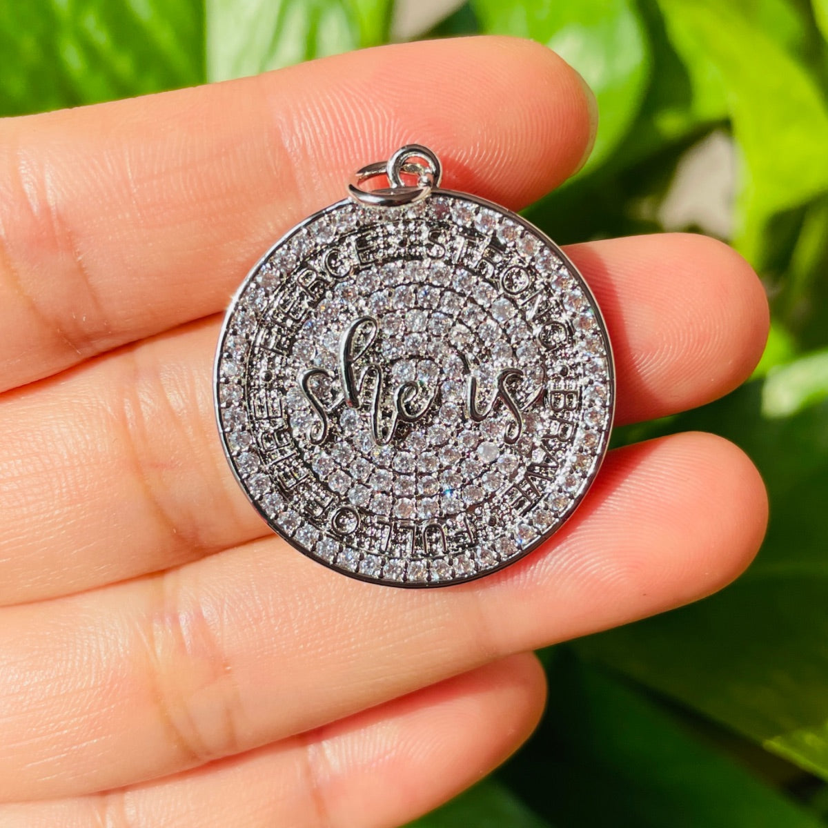 10pcs/lot 28mm CZ Pave Round Plate She Is Fierce Strong Brave Full OF FIRE Quote Charms Silver CZ Paved Charms Discs On Sale Charms Beads Beyond