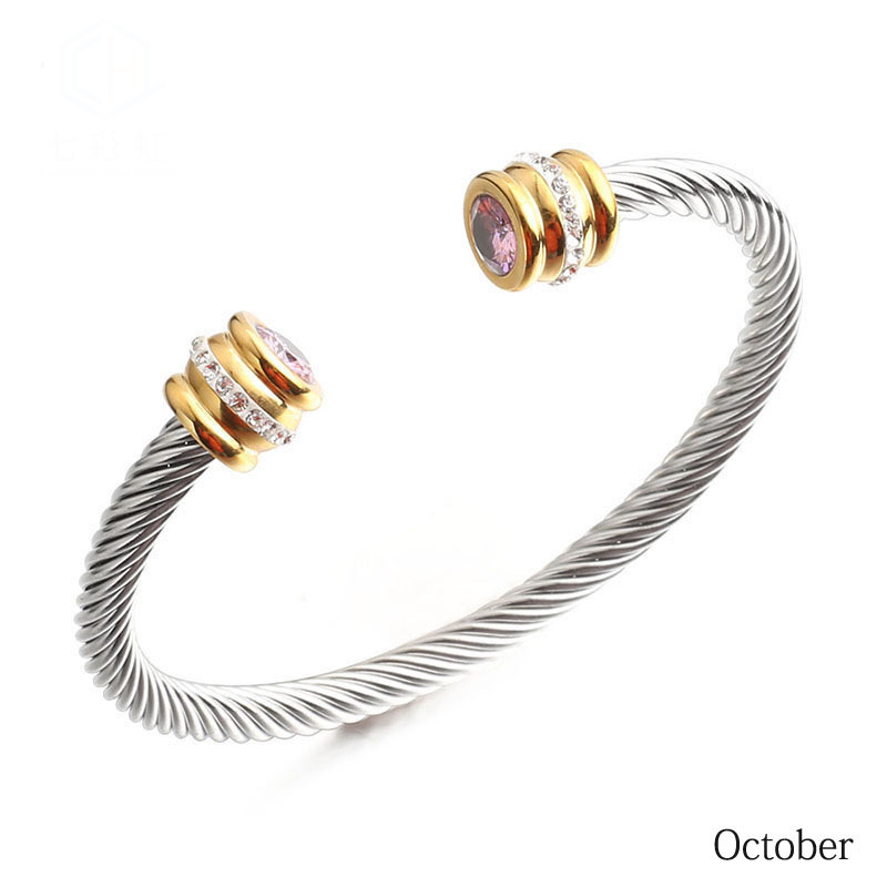 6-12pcs/lot Colorful Diamond Birthstone Open Stainless Steel Bangle for Women October Women Bracelets Charms Beads Beyond