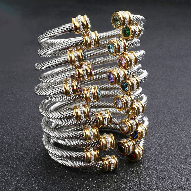 6-12pcs/lot Colorful Diamond Birthstone Open Stainless Steel Bangle for Women Women Bracelets Charms Beads Beyond