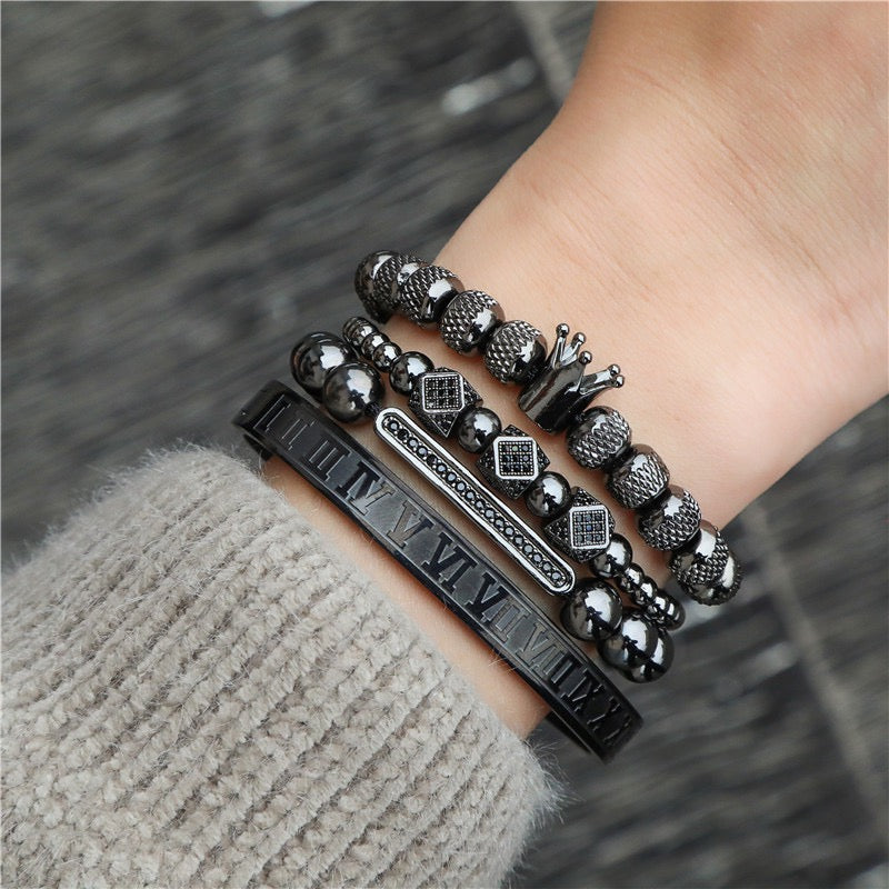 4pcs/set CZ Paved Crown Bracelet & Roman Bangle Set Black Men Bracelets Charms Beads Beyond