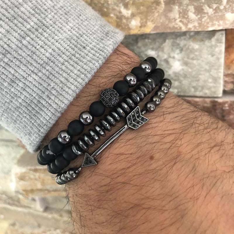 5 sets/lot CZ Paved Arrow Black Matte Stone Bracelets Men Bracelets Charms Beads Beyond
