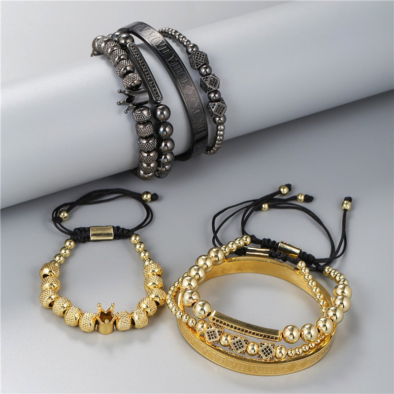 4pcs/set CZ Paved Crown Bracelet & Roman Bangle Set Men Bracelets Charms Beads Beyond