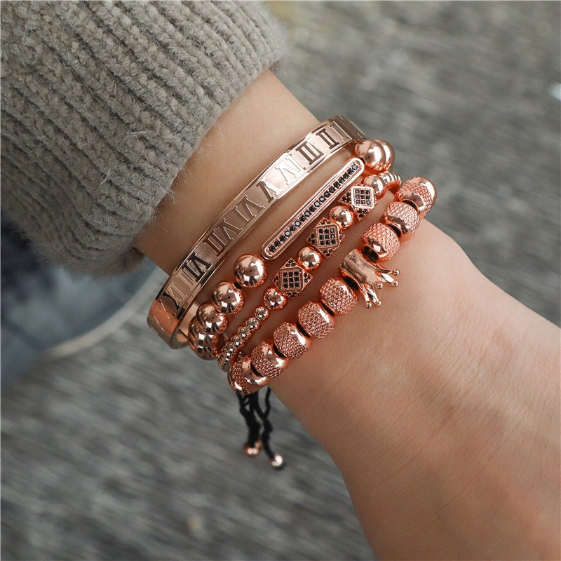 4pcs/set CZ Paved Crown Bracelet & Roman Bangle Set Rose Gold Men Bracelets Charms Beads Beyond
