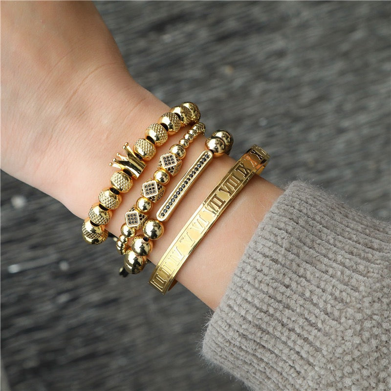 4pcs/set CZ Paved Crown Bracelet & Roman Bangle Set Gold Men Bracelets Charms Beads Beyond