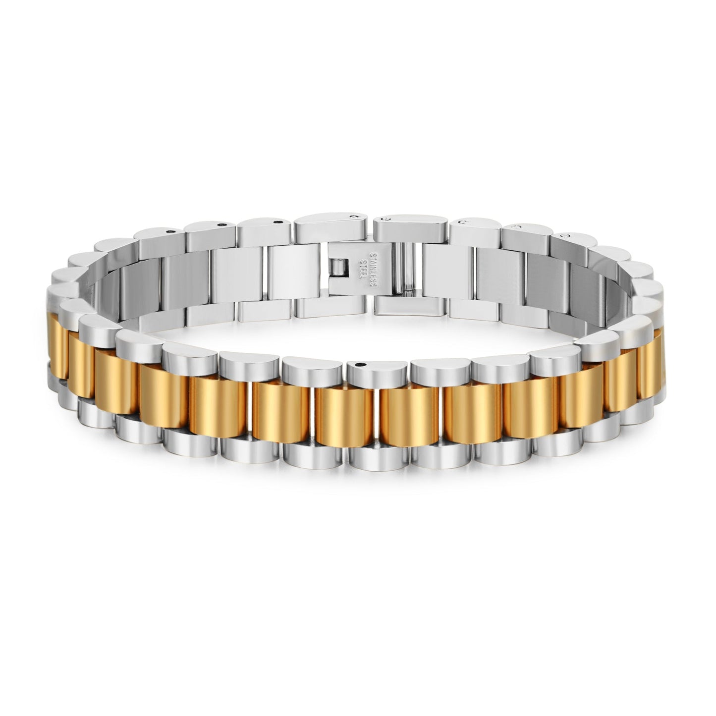 2pcs/lot 12mm 7.8inch Stainless Steel Watch Band Bracelet Set for Women 2 Silver + Gold Women Bracelets Charms Beads Beyond