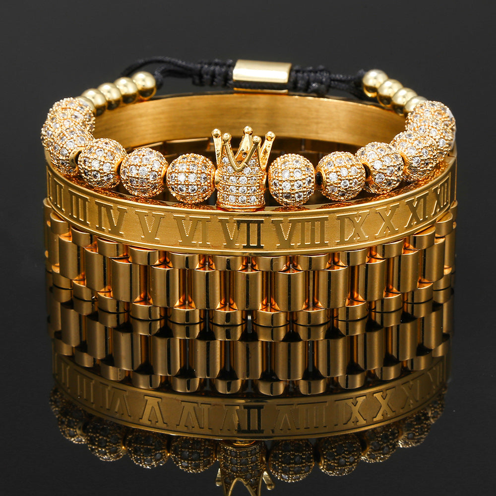 3pcs/set 8mm CZ Ball Bracelet Stainless Steel Roman Numeral Bangle Watch Band Bangle Set for Men Men Bracelets Charms Beads Beyond