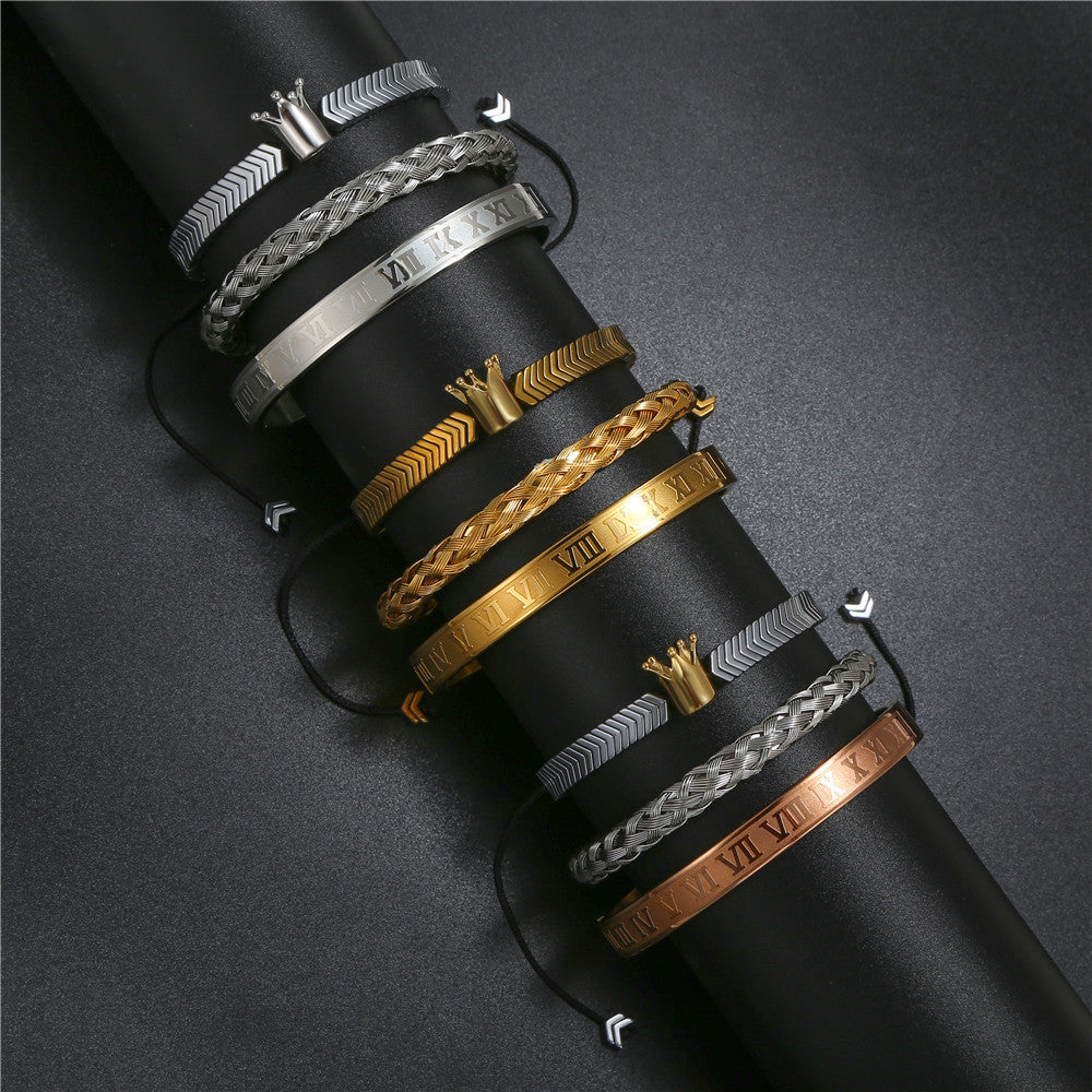 3pcs/set Stainless Steel Bangle Crown Hematite Bracelet Set for Men Men Bracelets Charms Beads Beyond