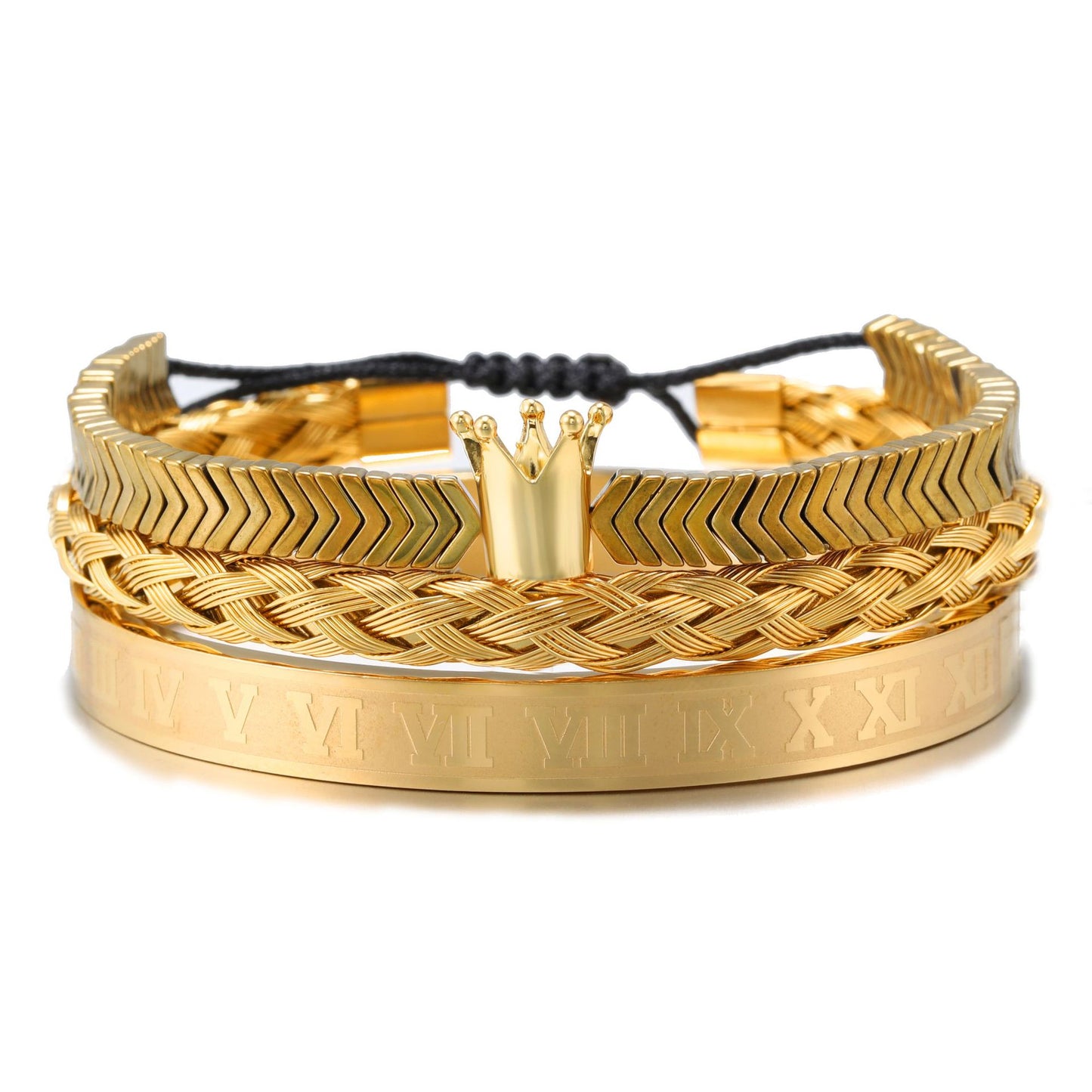 3pcs/set Stainless Steel Bangle Crown Hematite Bracelet Set for Men Men Bracelets Charms Beads Beyond