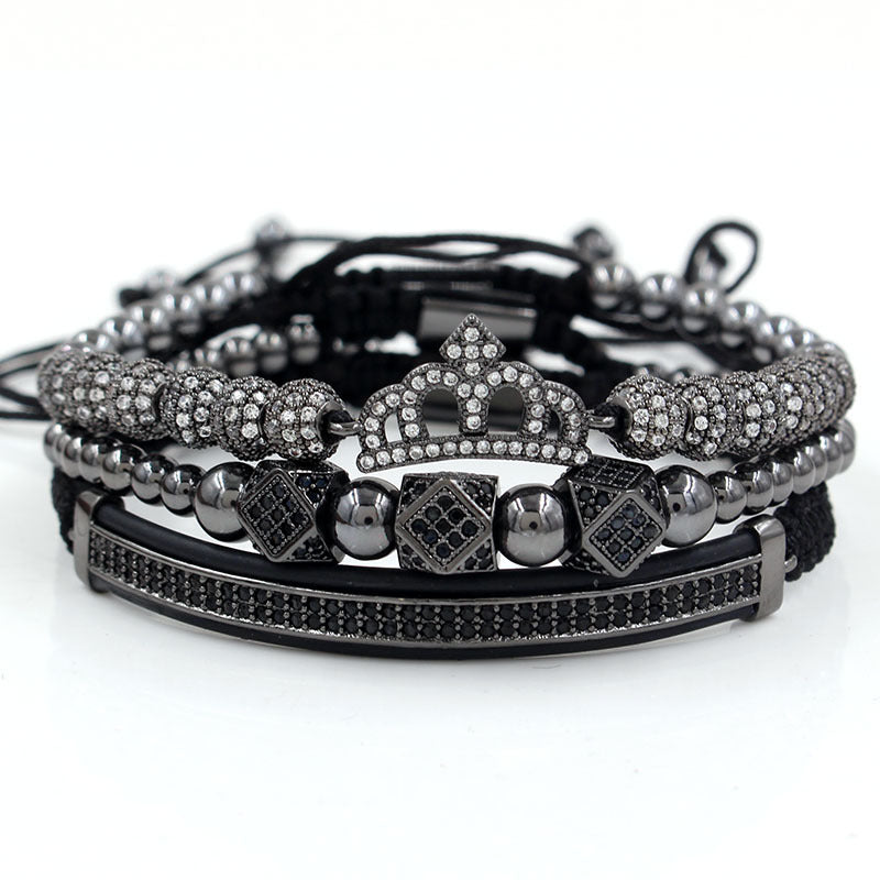 3pcs/set CZ Paved Crown Bracelets for Men Black Men Bracelets Charms Beads Beyond