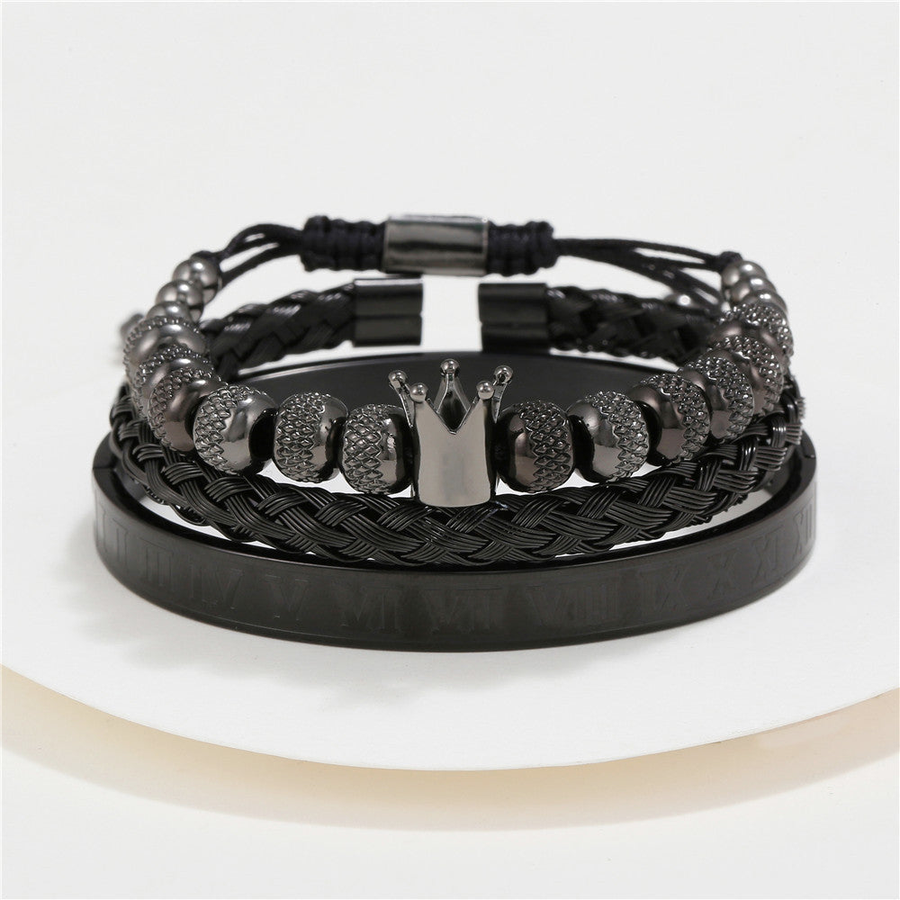 3pcs/set Crown Bracelet & Roman Numeral Bangle Set Black Men Bracelets Charms Beads Beyond