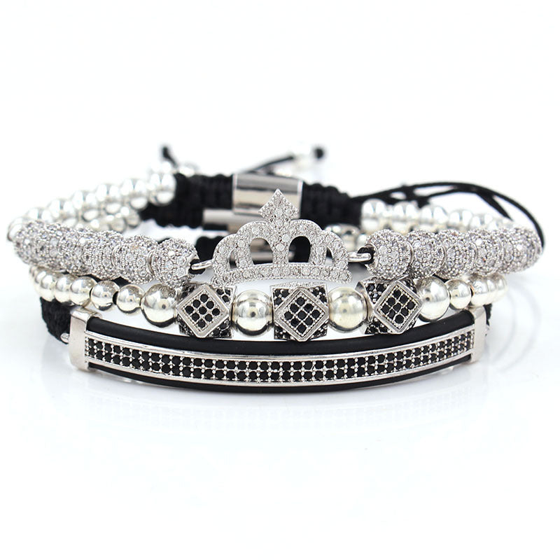 3pcs/set CZ Paved Crown Bracelets for Men Silver Men Bracelets Charms Beads Beyond