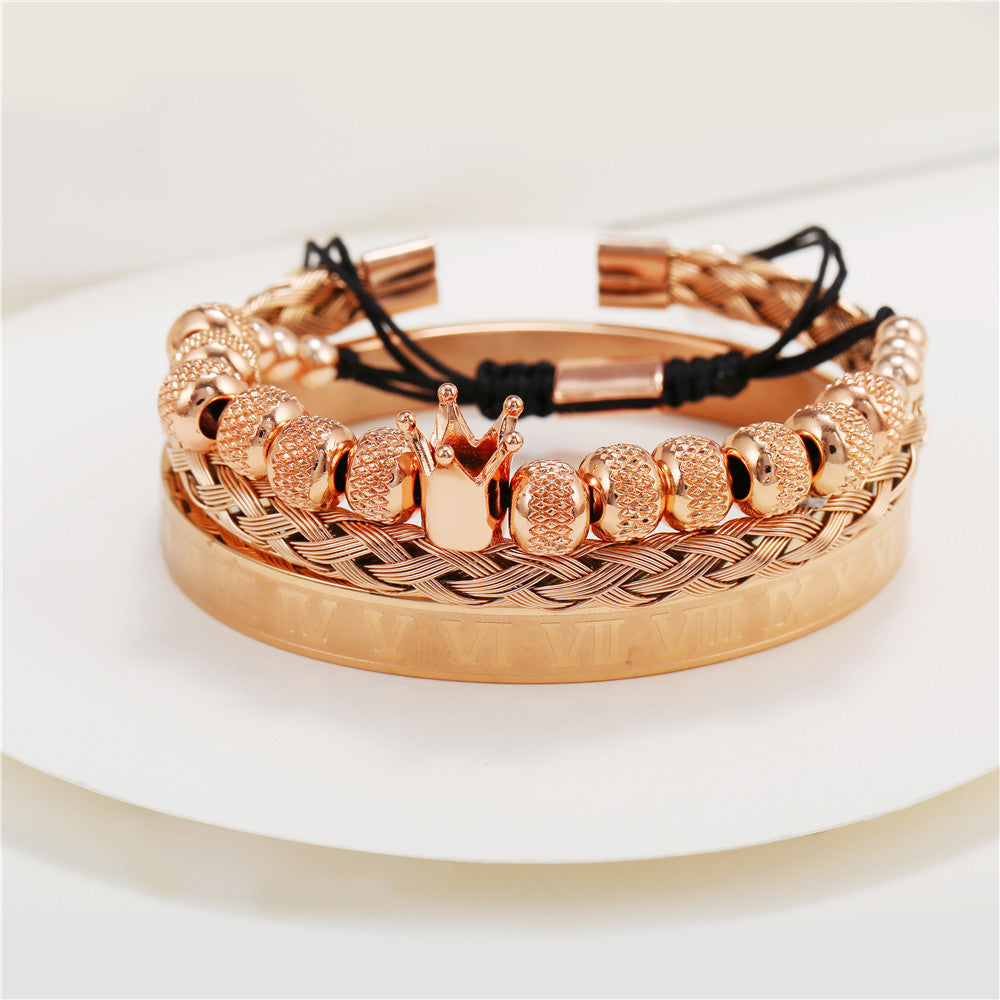3pcs/set Crown Bracelet & Roman Numeral Bangle Set Rose Gold Men Bracelets Charms Beads Beyond