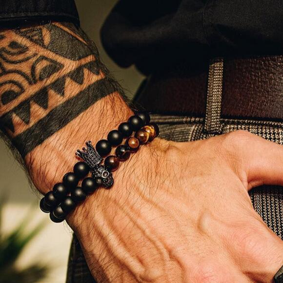 5 sets/lot CZ Paved Black Matte Yellow Tiger Eye Stone Bracelets Men Bracelets Charms Beads Beyond