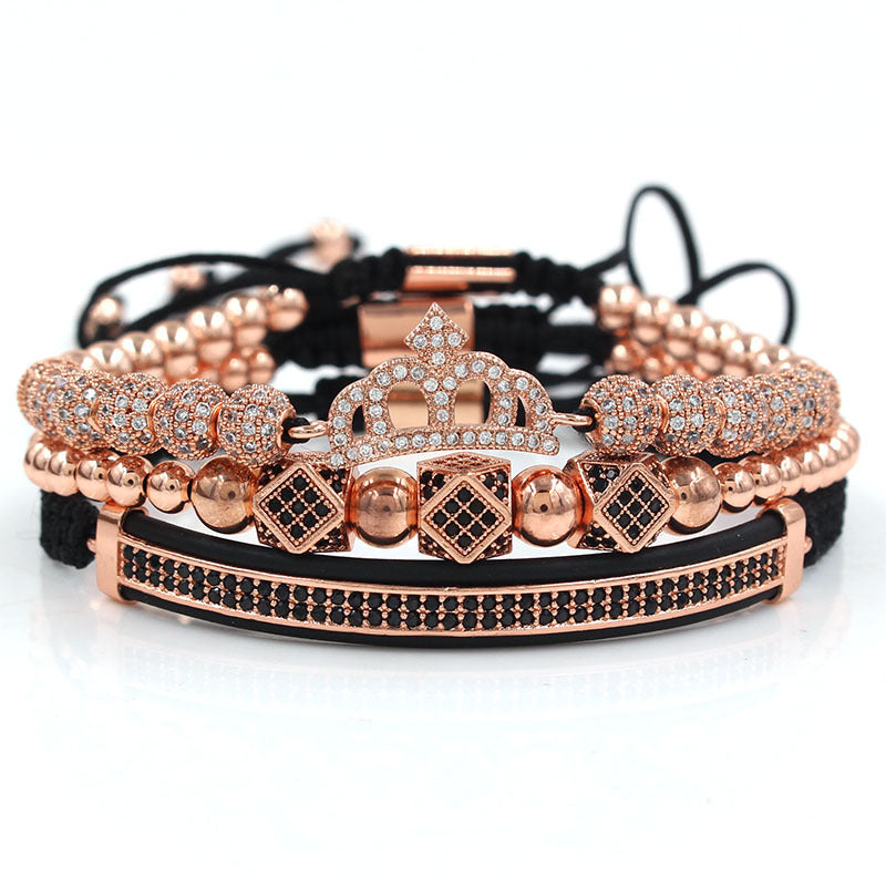3pcs/set CZ Paved Crown Bracelets for Men Rose Gold Men Bracelets Charms Beads Beyond