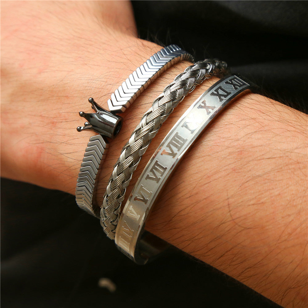 3pcs/set Stainless Steel Bangle Crown Hematite Bracelet Set for Men Men Bracelets Charms Beads Beyond