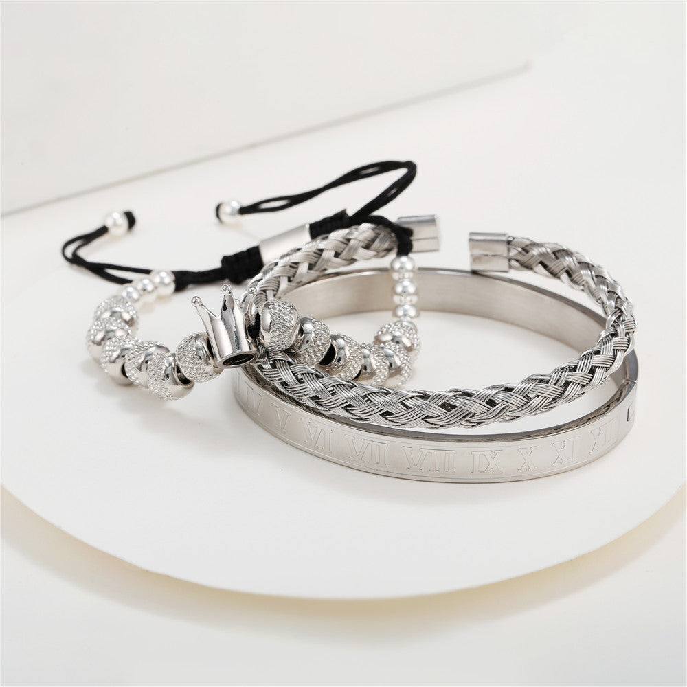 3pcs/set Crown Bracelet & Roman Numeral Bangle Set Silver Men Bracelets Charms Beads Beyond