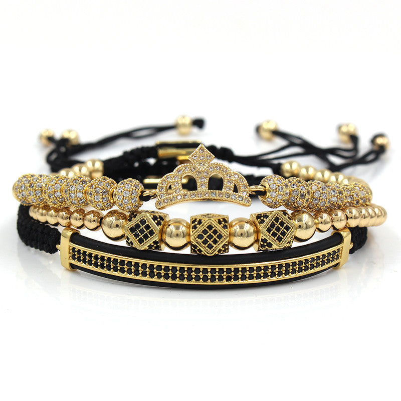3pcs/set CZ Paved Crown Bracelets for Men Gold Men Bracelets Charms Beads Beyond