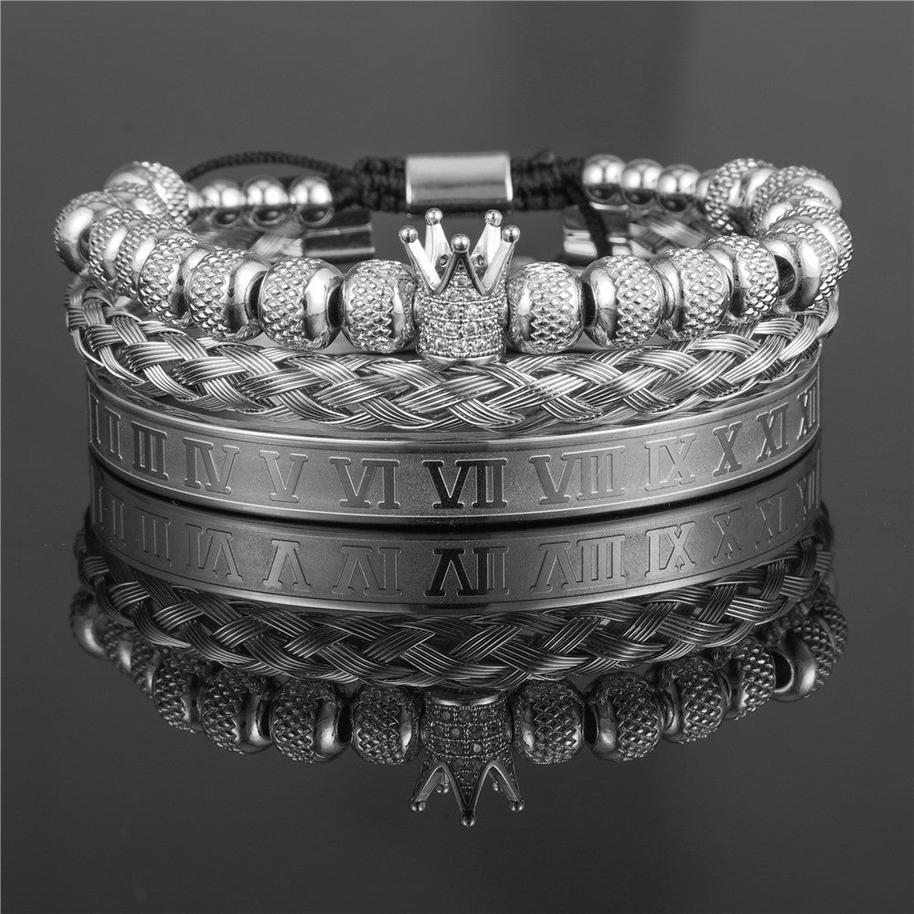 3pcs/set CZ Paved Crown Bracelet & Roman Numeral Bangle Set All Silver Set Men Bracelets Charms Beads Beyond