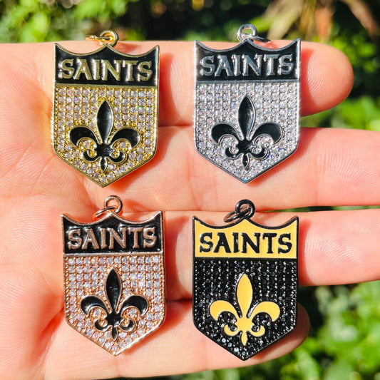10pcs/lot 31*20mm Fleur De Lis CZ Saints Shield Charms Mix Colors CZ Paved Charms American Football Sports Louisiana Inspired New Charms Arrivals Charms Beads Beyond