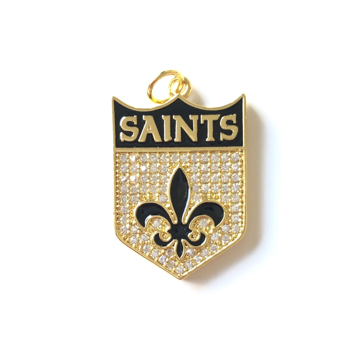 10pcs/lot 31*20mm Fleur De Lis CZ Saints Shield Charms CZ Paved Charms American Football Sports Louisiana Inspired New Charms Arrivals Charms Beads Beyond