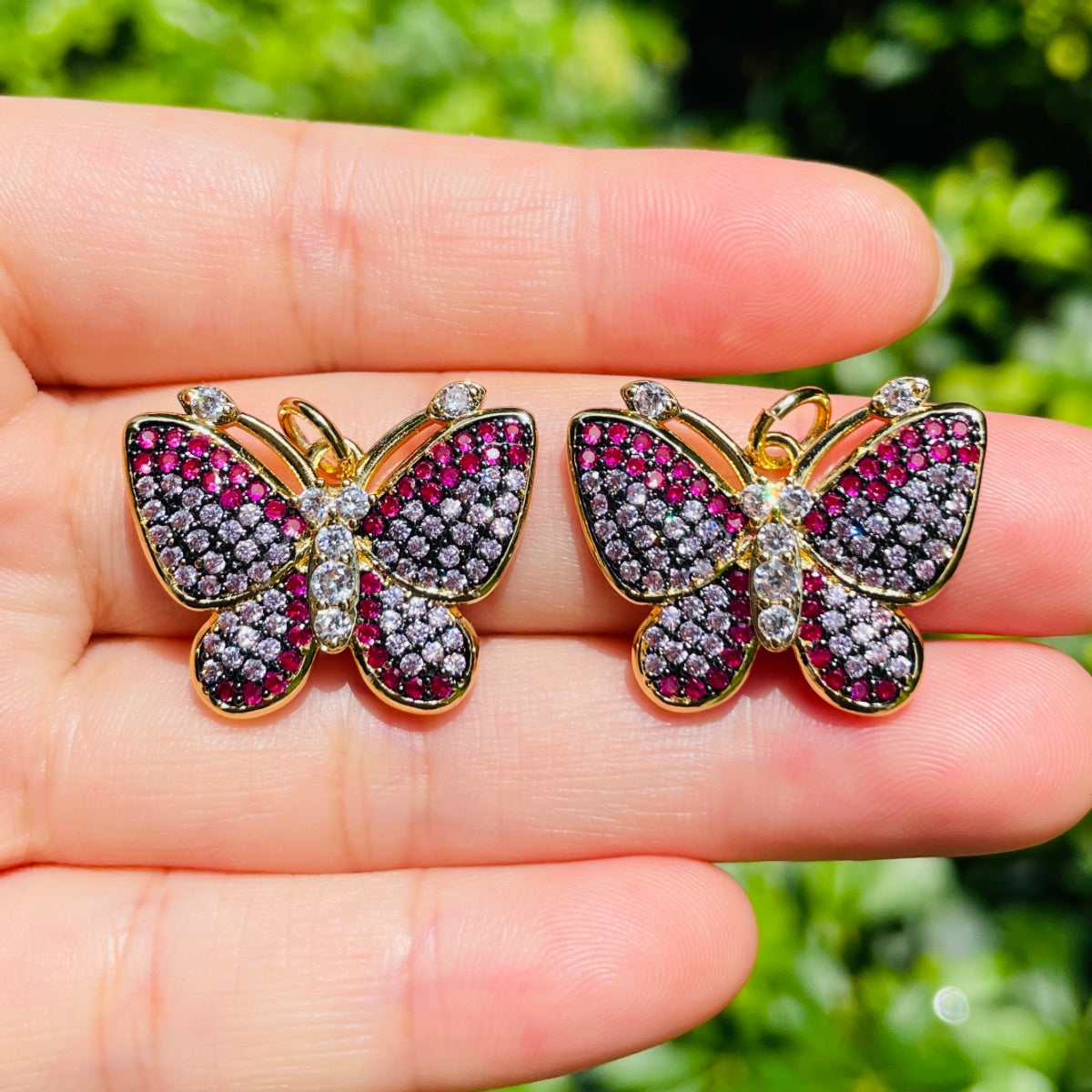 5pcs/lot 25*20mm Fuchsia Pink CZ Paved Gold Butterfly Charms CZ Paved Charms Butterflies Colorful Zirconia New Charms Arrivals Charms Beads Beyond