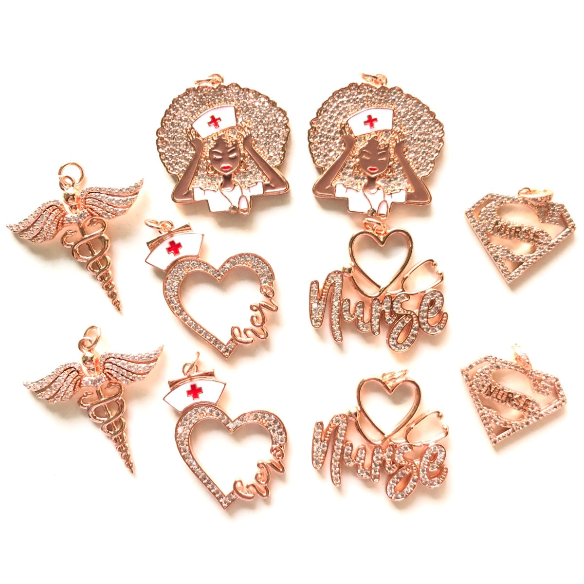 10pcs/lot Mix Nurse Girl Nurse Hero Heart Super Nurse Medical Sign Charms Set- Rose Gold CZ Paved Charms Mix Charms Nurse Inspired Charms Beads Beyond