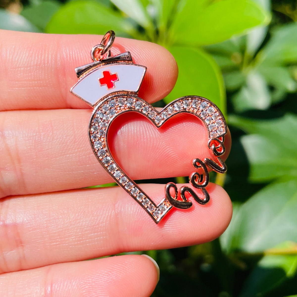10pcs/lot 33*30mm CZ Pave Nurse Cap Heart Hero Word Charms Rose Gold CZ Paved Charms New Charms Arrivals Nurse Inspired Charms Beads Beyond