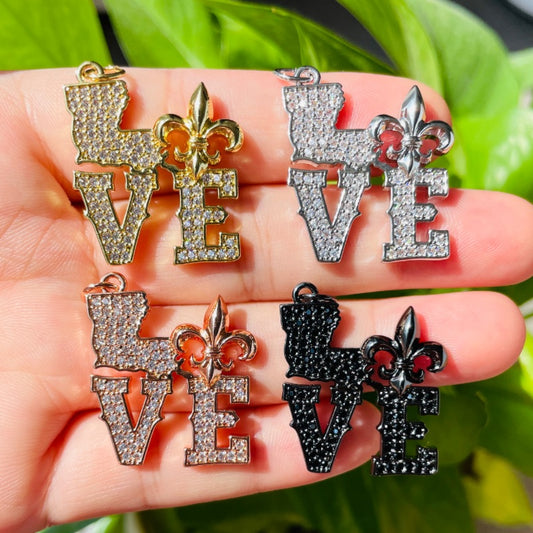 10pcs/lot CZ Pave Love Louisiana Fleur De Lis Word Charms Mix Colors CZ Paved Charms Louisiana Inspired Mardi Gras New Charms Arrivals Charms Beads Beyond