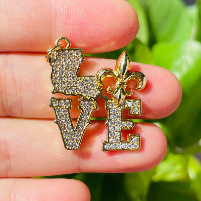 10pcs/lot CZ Pave Love Louisiana Fleur De Lis Word Charms Gold CZ Paved Charms Louisiana Inspired Mardi Gras New Charms Arrivals Charms Beads Beyond