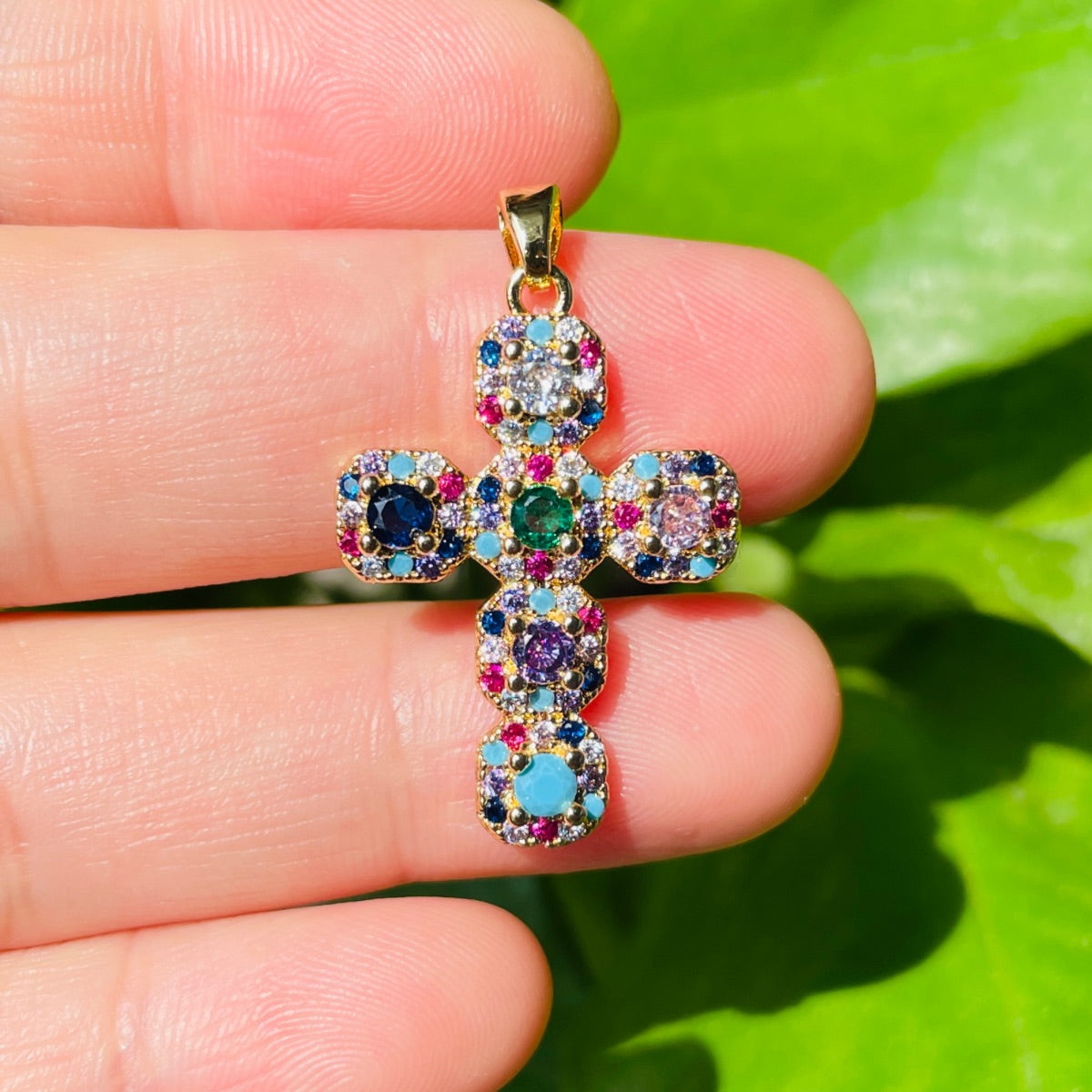5pcs/lot CZ Paved Cross Charms Multicolor on Gold CZ Paved Charms Crosses Charms Beads Beyond
