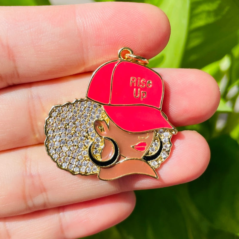 10pcs/lot CZ Paved Atlanta FALCON Rise Up Afro Black Girl Charms Gold CZ Paved Charms Afro Girl/Queen Charms American Football Sports New Charms Arrivals Charms Beads Beyond