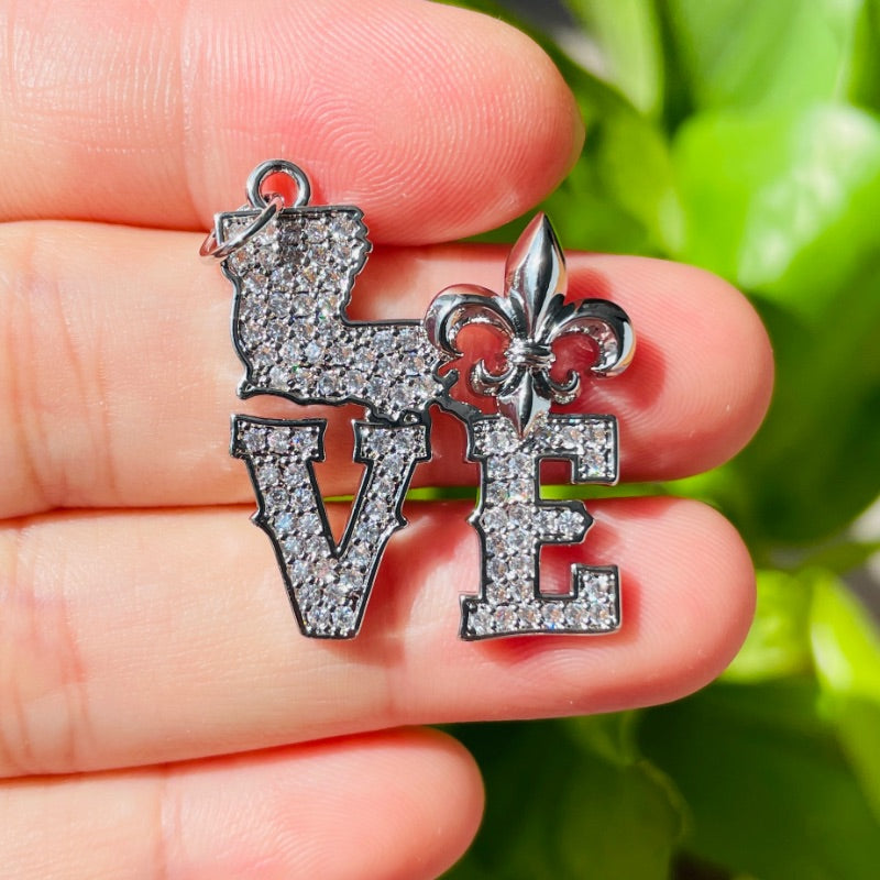 10pcs/lot CZ Pave Love Louisiana Fleur De Lis Word Charms Silver CZ Paved Charms Louisiana Inspired Mardi Gras New Charms Arrivals Charms Beads Beyond