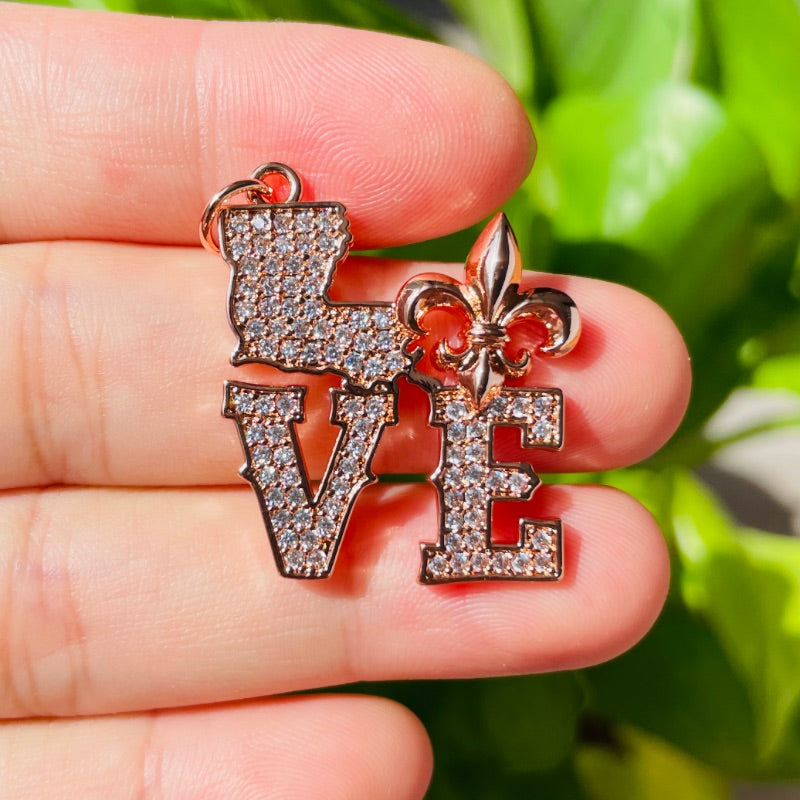 10pcs/lot CZ Pave Love Louisiana Fleur De Lis Word Charms Rose Gold CZ Paved Charms Louisiana Inspired Mardi Gras New Charms Arrivals Charms Beads Beyond