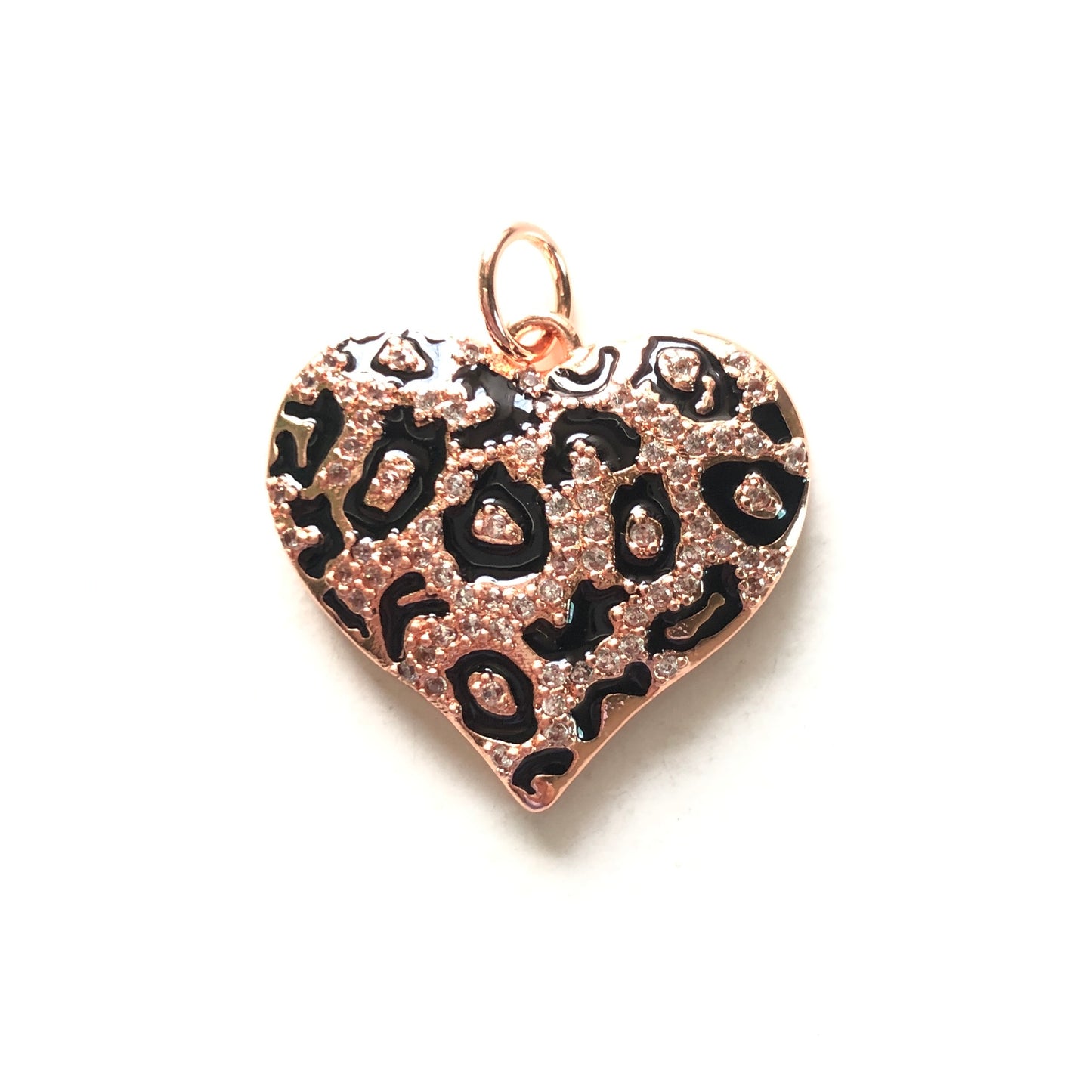 10pcs/lot 24.5*22mm CZ Paved Black Leopard Print Heart Charm Pendants Rose Gold CZ Paved Charms Hearts Leopard Printed New Charms Arrivals Charms Beads Beyond