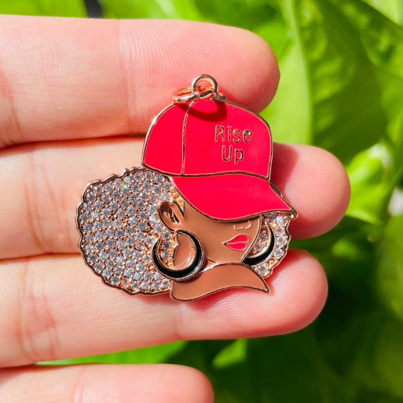 10pcs/lot CZ Paved Atlanta FALCON Rise Up Afro Black Girl Charms Rose Gold CZ Paved Charms Afro Girl/Queen Charms American Football Sports New Charms Arrivals Charms Beads Beyond