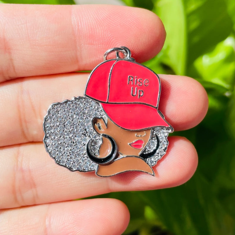 10pcs/lot CZ Paved Atlanta FALCON Rise Up Afro Black Girl Charms Silver CZ Paved Charms Afro Girl/Queen Charms American Football Sports New Charms Arrivals Charms Beads Beyond