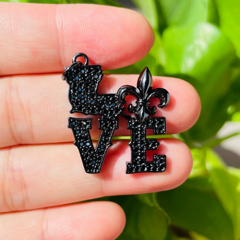 10pcs/lot CZ Pave Love Louisiana Fleur De Lis Word Charms Black on Black CZ Paved Charms Louisiana Inspired Mardi Gras New Charms Arrivals Charms Beads Beyond
