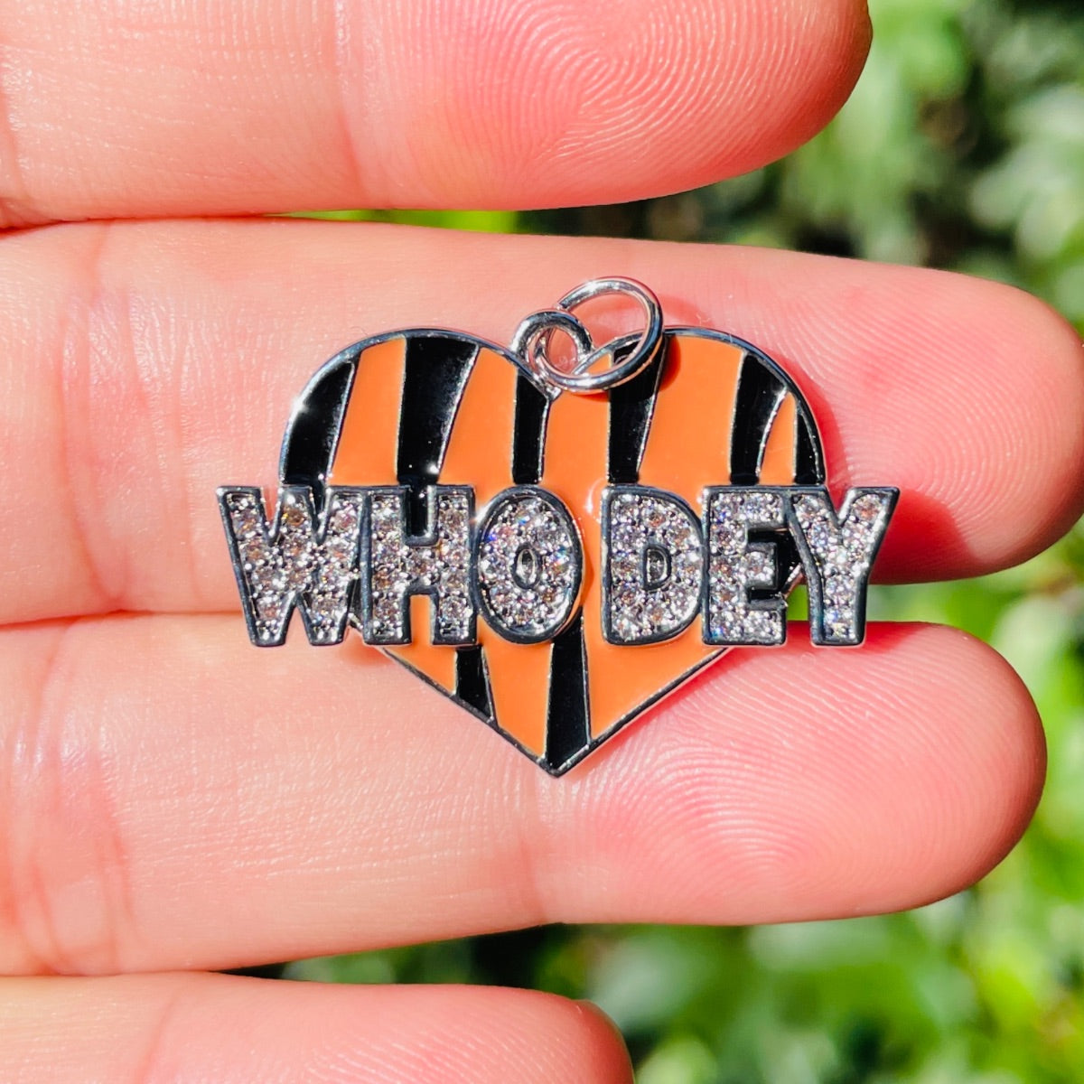 10pcs/lot 30*21mm CZ Pave Who Dey Heart American Football Team Chant Word Charms Silver CZ Paved Charms American Football Sports New Charms Arrivals Charms Beads Beyond