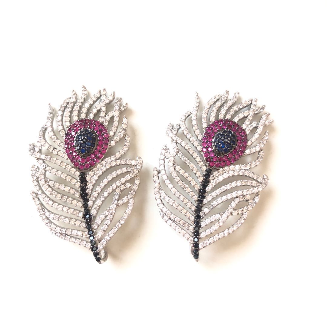 5pcs/lot 45*28mm CZ Paved Peacock Feather Charms Silver CZ Paved Charms Feathers Large Sizes Charms Beads Beyond