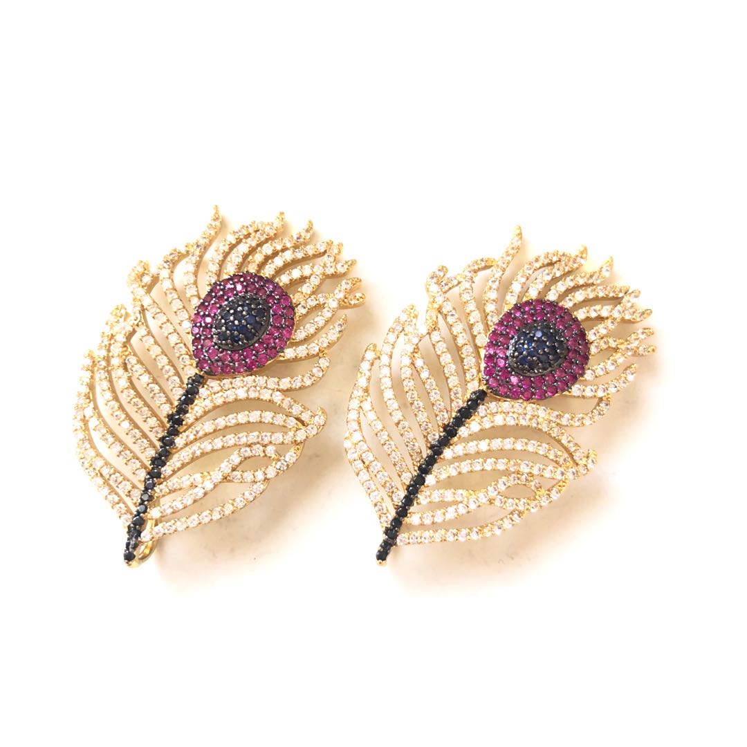 5pcs/lot 45*28mm CZ Paved Peacock Feather Charms Gold CZ Paved Charms Feathers Large Sizes Charms Beads Beyond