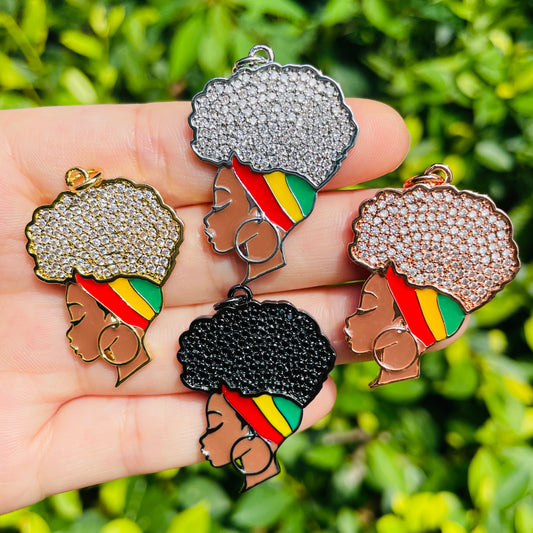 10pcs/lot 36*26mm CZ Paved Red Yellow Green Headband Afro Girl Charms for Juneteenth Black History Awareness Mix Colors CZ Paved Charms Afro Girl/Queen Charms Juneteenth & Black History Month Awareness New Charms Arrivals Charms Beads Beyond
