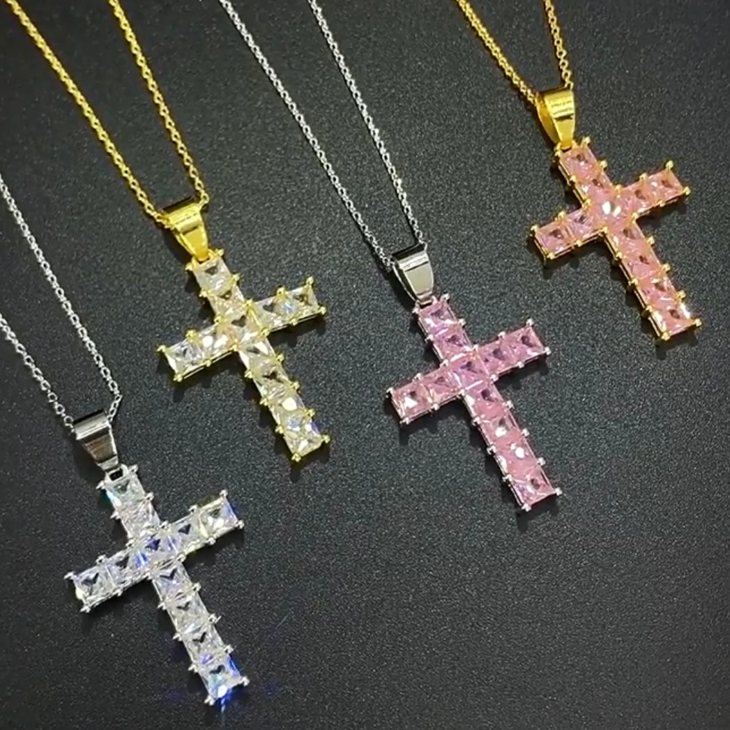 5pcs/lot 18inch Gold Silver Plated Clear Pink CZ Pave Cross Necklace Necklaces Charms Beads Beyond