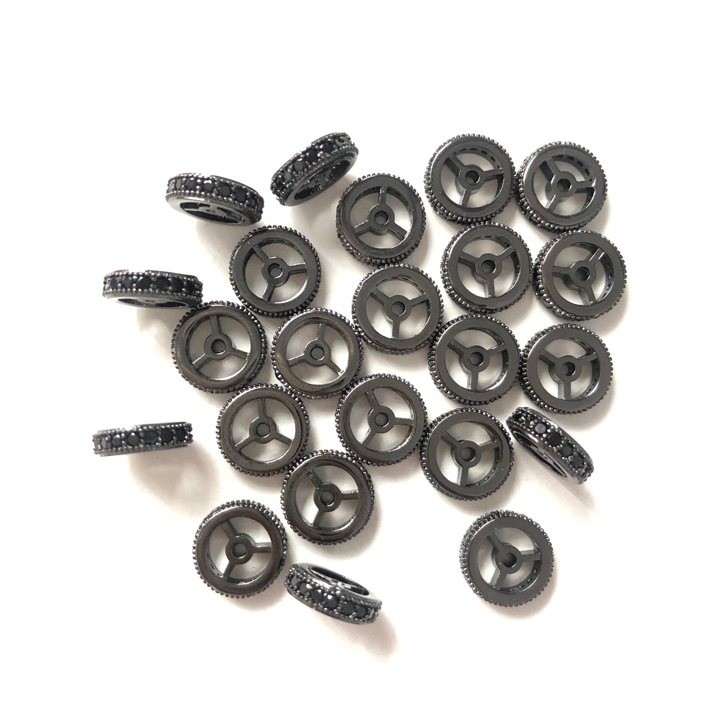 30pcs/lot 12*3.3mm CZ Paved Wheel Rondelle Spacers Black on Black CZ Paved Spacers Rondelle Beads Charms Beads Beyond