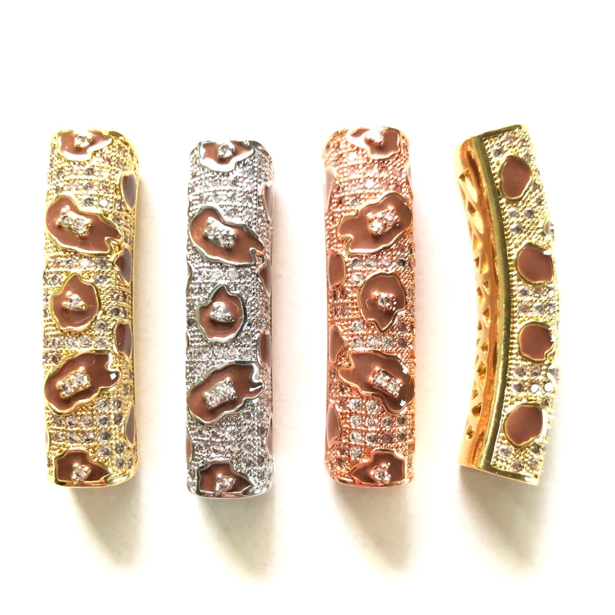 5-10pcs/lot 37.7*9mm Brown Enamel Leopard Print CZ Paved Tube Bar Spacers CZ Paved Spacers Leopard Printed New Spacers Arrivals Tube Bar Centerpieces Charms Beads Beyond
