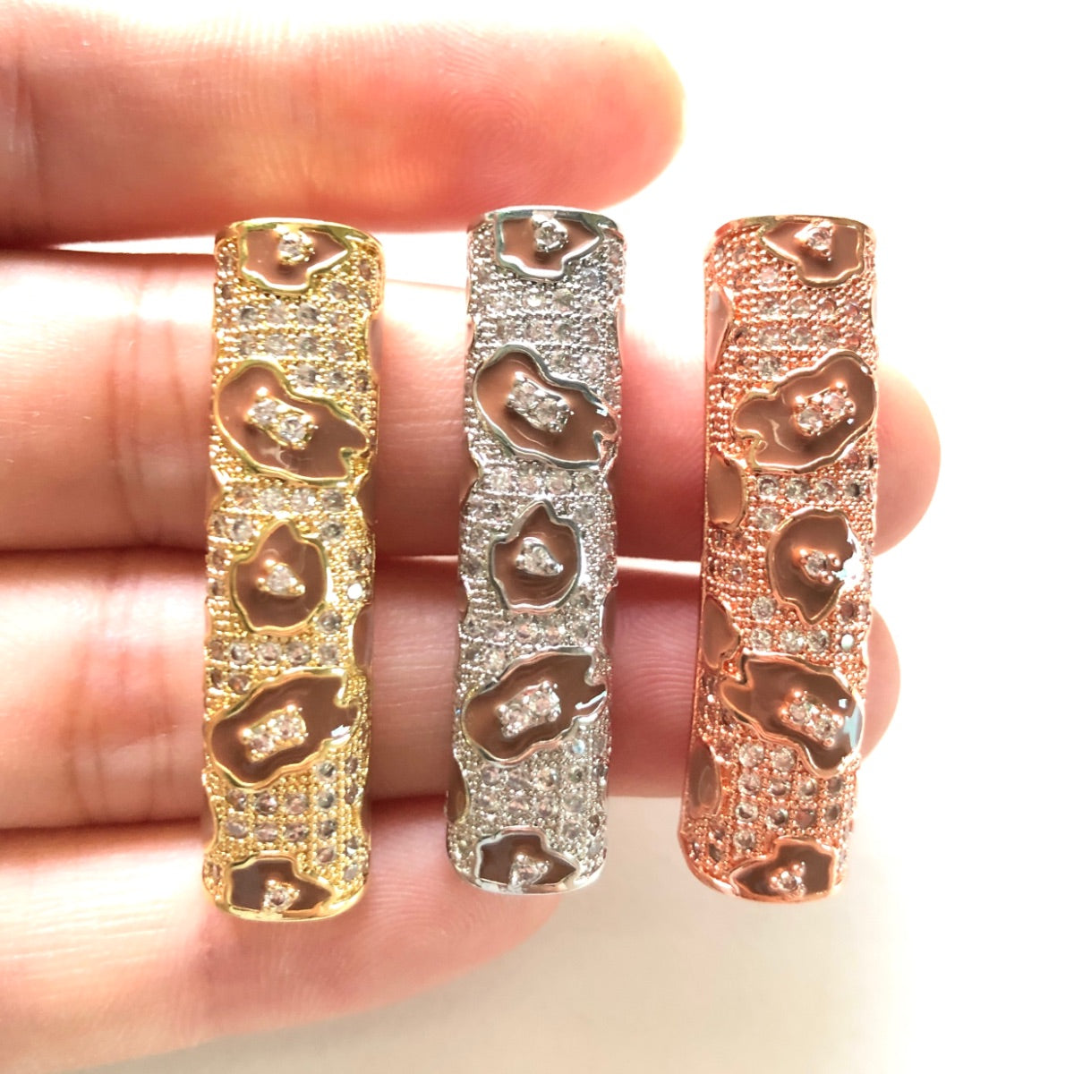 5-10pcs/lot 37.7*9mm Brown Enamel Leopard Print CZ Paved Tube Bar Spacers CZ Paved Spacers Leopard Printed New Spacers Arrivals Tube Bar Centerpieces Charms Beads Beyond