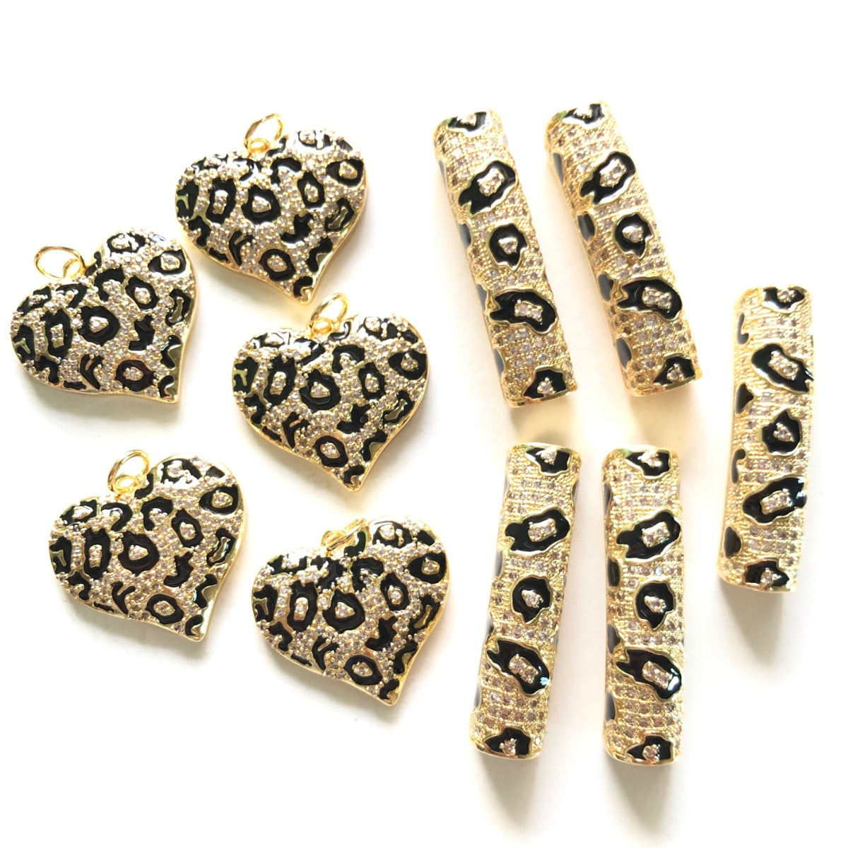 5 Black Leopard Print Heart Charms + 5 Tube Bar Spacers Bundle Set 5 Hearts + 5 Bars in Gold CZ Paved Charms Leopard Printed Mix Charms Charms Beads Beyond