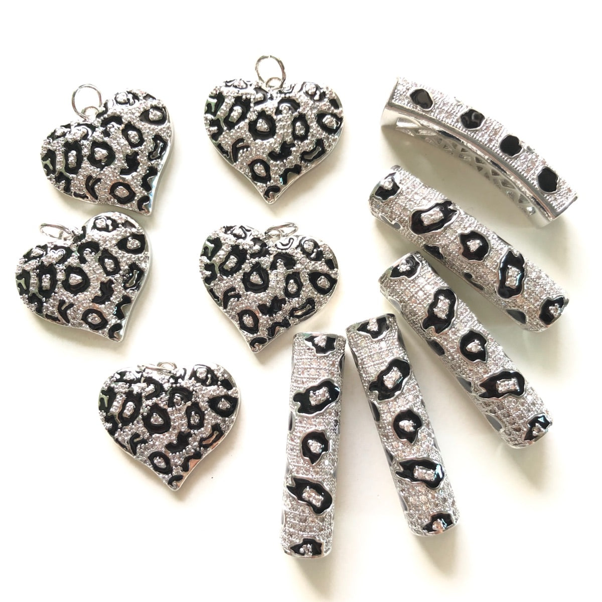 5 Black Leopard Print Heart Charms + 5 Tube Bar Spacers Bundle Set 5 Hearts + 5 Bars in Silver CZ Paved Charms Leopard Printed Mix Charms Charms Beads Beyond