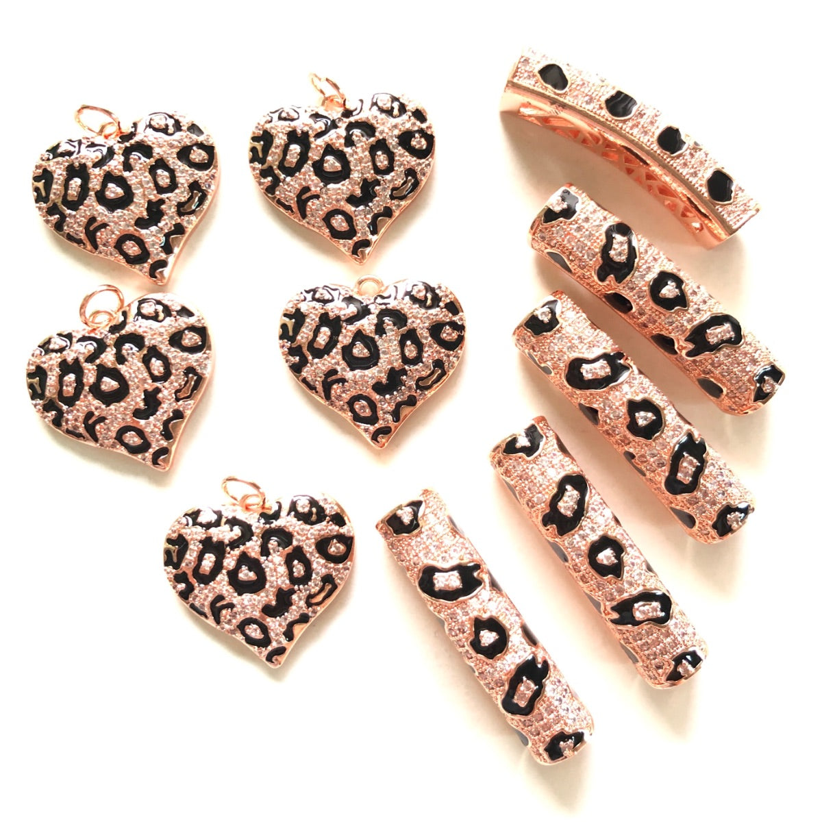 5 Black Leopard Print Heart Charms + 5 Tube Bar Spacers Bundle Set 5 Hearts + 5 Bars in Rose Gold CZ Paved Charms Leopard Printed Mix Charms Charms Beads Beyond